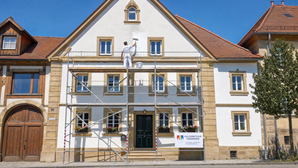 Maler auf einem Gerüst beim professionellen Fassadenanstrich eines fränkischen Hauses in Bamberg