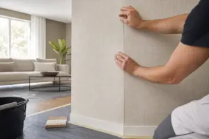 Maler bringt eine helle Vliestapete präzise an einer Wohnraumwand an