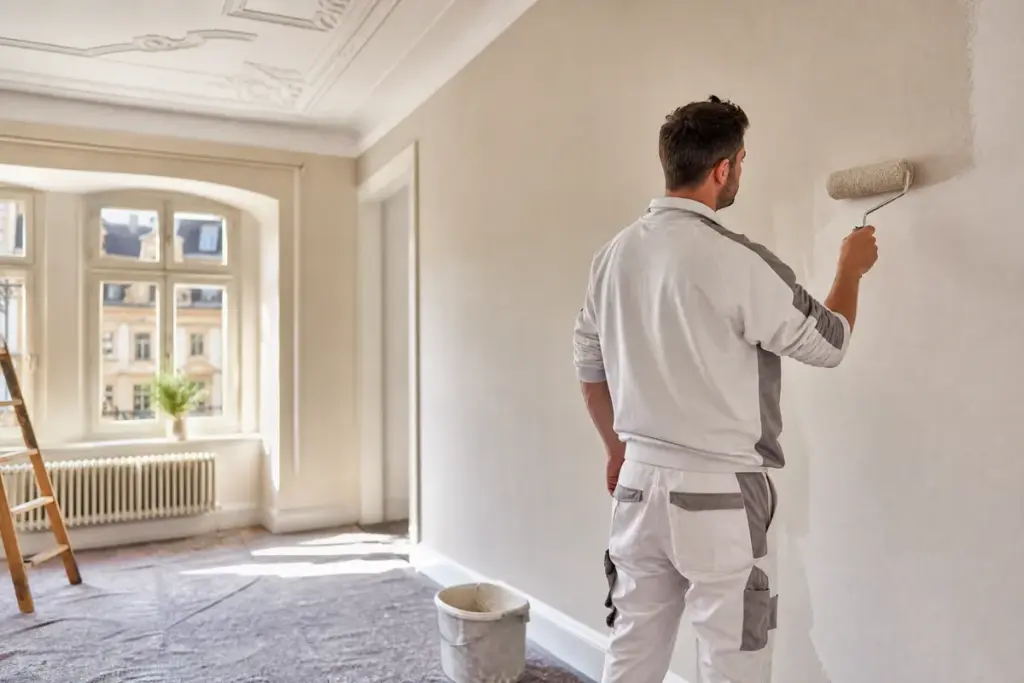 Maler beim Streichen einer hellen Wohnzimmerwand in Bamberg