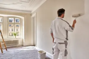 Maler beim Streichen einer hellen Wohnzimmerwand in Bamberg