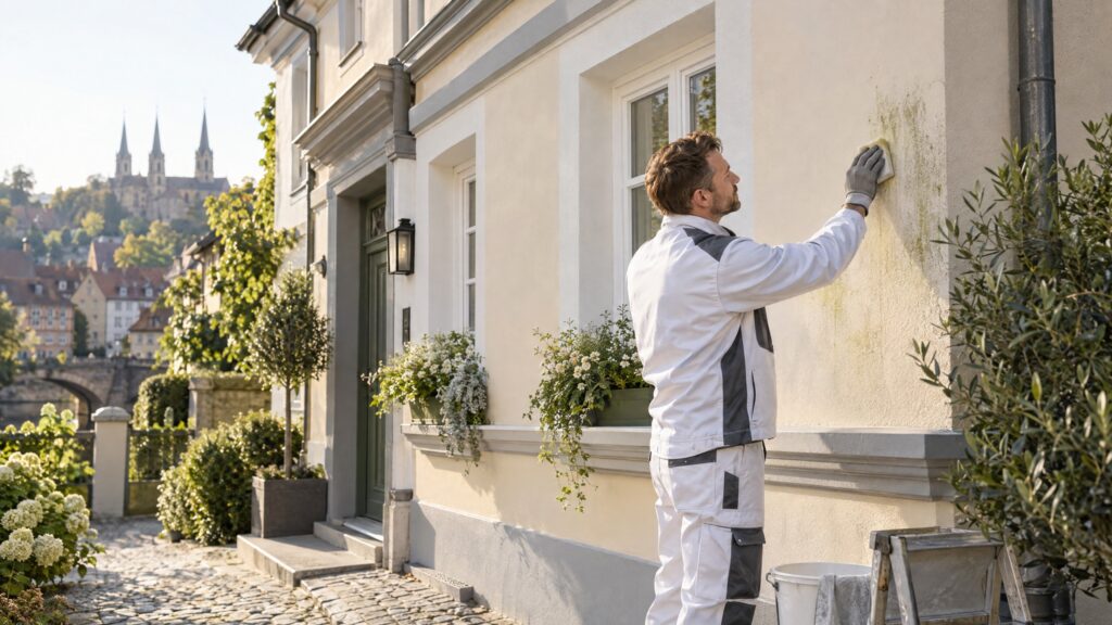 Maler reinigt sorgfältig eine helle Hausfassade mit leichtem Grünbelag in Bamberg.