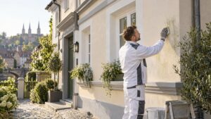 Maler reinigt sorgfältig eine helle Hausfassade mit leichtem Grünbelag in Bamberg.