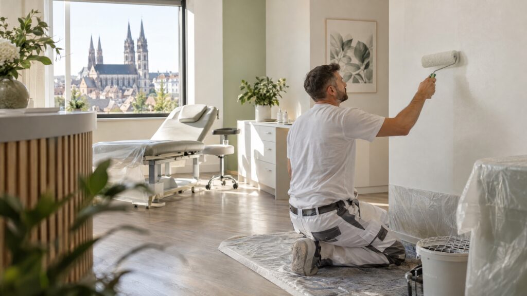Maler renoviert eine helle Wand in einer modernen Arztpraxis.